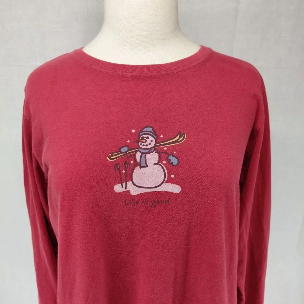 Life Is Good Snowman w/ Skis Red LS T-Shirt Sz XL - Picture 2 of 7